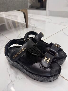 CHANEL Black Quilted Platform Dad Sandals with Gold CC and Logo Strap size 37